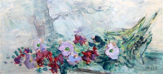 Leopold Pascal, (French, 1900-1957) Still life of flowers on ledges, 9.5 x 20.5in.